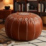 Genuine Leather Round Ottoman 21" - Handcrafted Floor Pouf with Embroidery - Image 3
