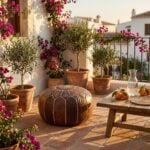 A dark brown leather floor ottoman placed on a sunlit terracotta patio, surrounded by potted plants, olive trees, and blooming pink bougainvillea.