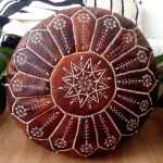 Moroccan Round Leather Pouf With Embroidered Design