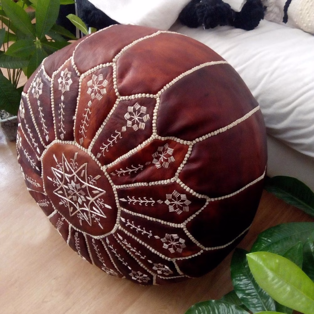 Moroccan Round Leather Pouf With Embroidered Design
