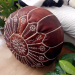 Moroccan Round Leather Pouf With Embroidered Design