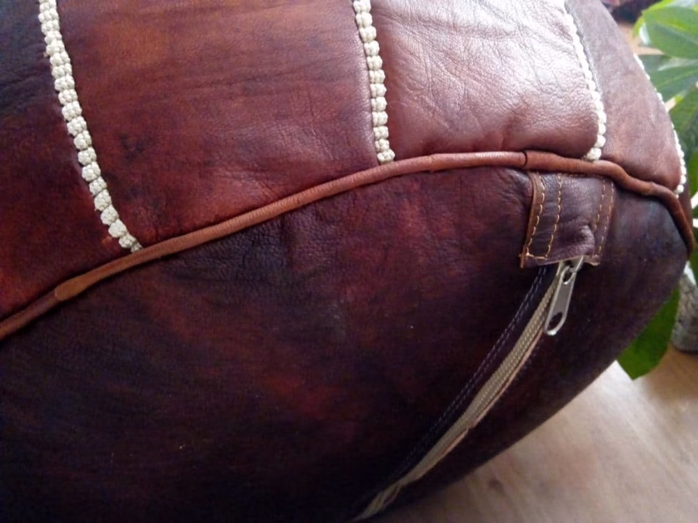 Moroccan Round Leather Pouf With Embroidered Design