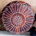 Moroccan Round Leather Pouf With Embroidered Design