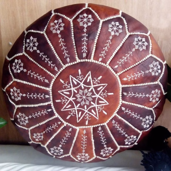 Moroccan Round Leather Pouf With Embroidered Design