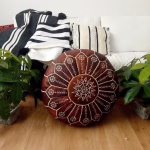 Moroccan Round Leather Pouf With Embroidered Design