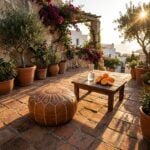 A tan leather floor ottoman on a rustic, sun-drenched outdoor terrace with coastal views, positioned near a small wooden table holding fresh oranges.