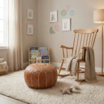 A tan leather floor ottoman placed on a fluffy cream rug in a calm nursery room, positioned next to a wooden rocking chair and a children's bookshelf.
