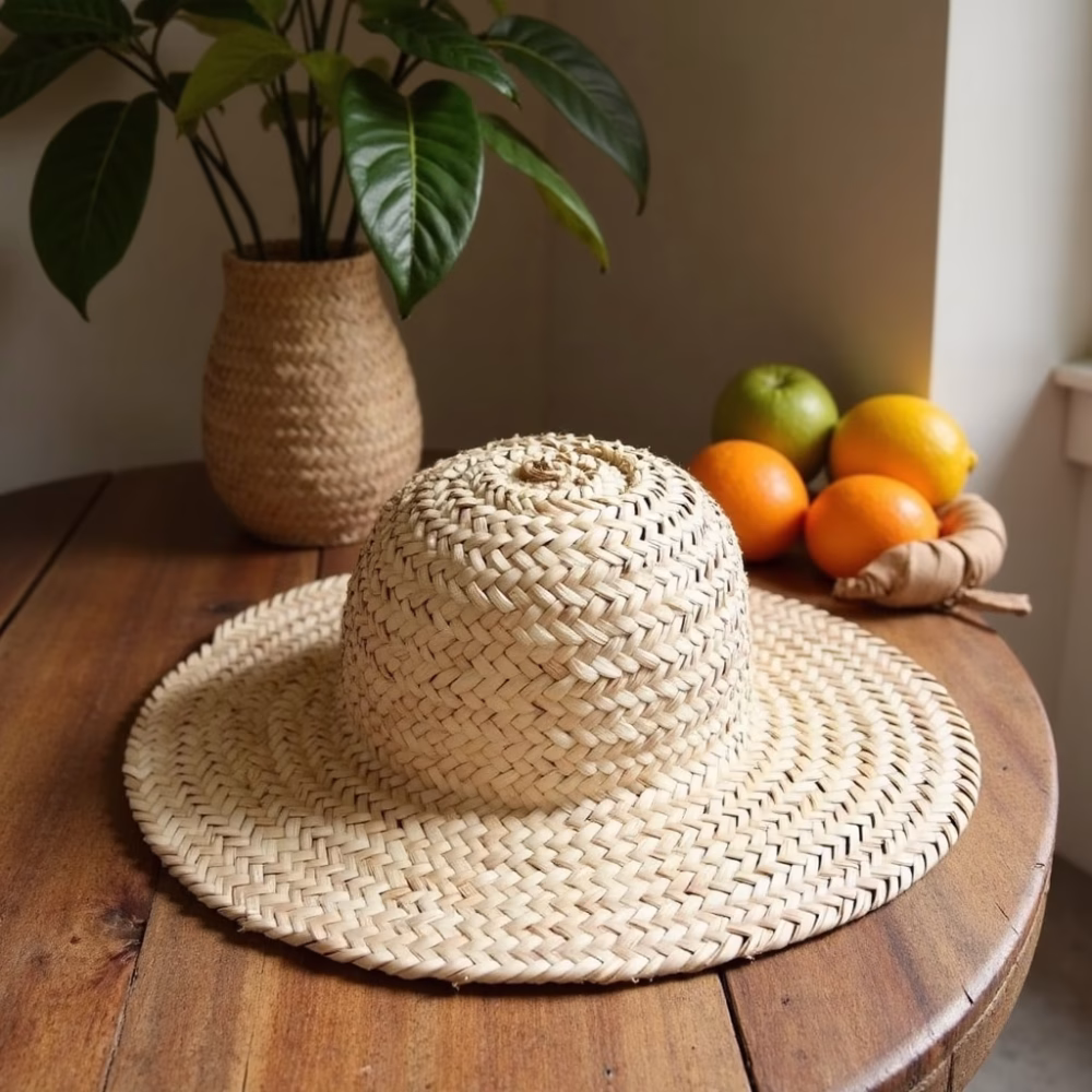 Lifestyle product shot of straw hat with citrus styling