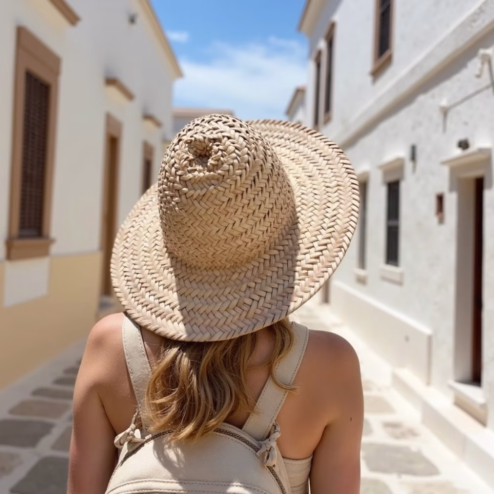 Back view of model wearing handcrafted straw hat