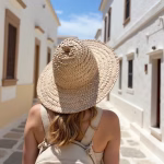 Back view of model wearing handcrafted straw hat