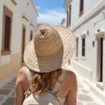 Woman in white exploring streets wearing handwoven straw hat, wide brim sun protection accessory