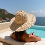 Woman poolside wearing handwoven straw hat, wide brim beach resort accessory, ocean view