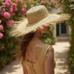 Side profile of woman in straw accessories hat with flowing fringe detail against rose garden Mediterranean backdrop