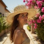 Woman wearing artisanal straw accessories sun hat with dramatic fringe detail near pink flowers in Mediterranean setting