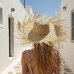 Back view of wide brim straw accessories beach hat showing handcrafted fringe and woven texture in sunny courtyard