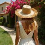 Back view woman wearing handwoven straw garden hat with fringe trim, white dress, garden boho style