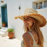 Model wearing natural straw garden hat with fringe trim
