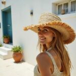 Woman wearing handwoven straw garden hat with fringe trim, wide brim design, Mediterranean beach lifestyle