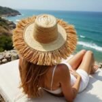 Handwoven straw garden hat with natural fringe displayed outdoors, wide brim spiral weave, boho decor