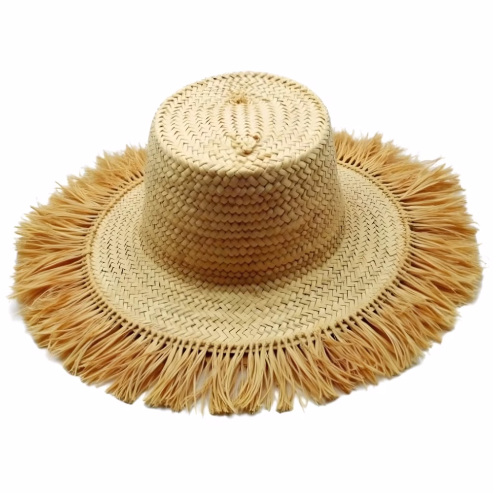Side angle view of straw garden hat showing crown height