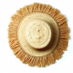 Product shot of two identical woven garden hats with fringe