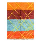 Authentic multicolor Moroccan wool rug featuring vibrant color blocks with yellow lattice design
