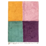 Full view of handwoven colorful Moroccan rug featuring fringe detail and color block pattern