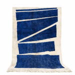 Handmade Moroccan Beni rug featuring contemporary geometric design in deep navy blue and cream