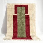Handmade Moroccan rug with burgundy and sage geometric design, cream border, traditional Berber wool craftsmanship