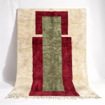 Handmade Moroccan rug featuring burgundy frame with sage green center on cream background