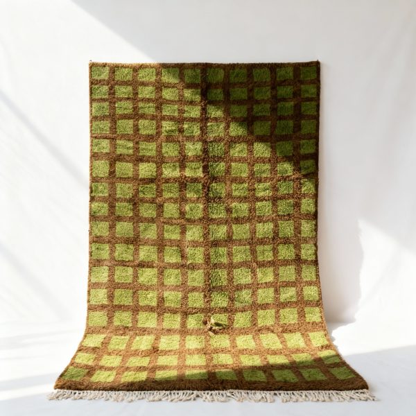 Handmade Moroccan trellis rug in fresh green and brown color combination