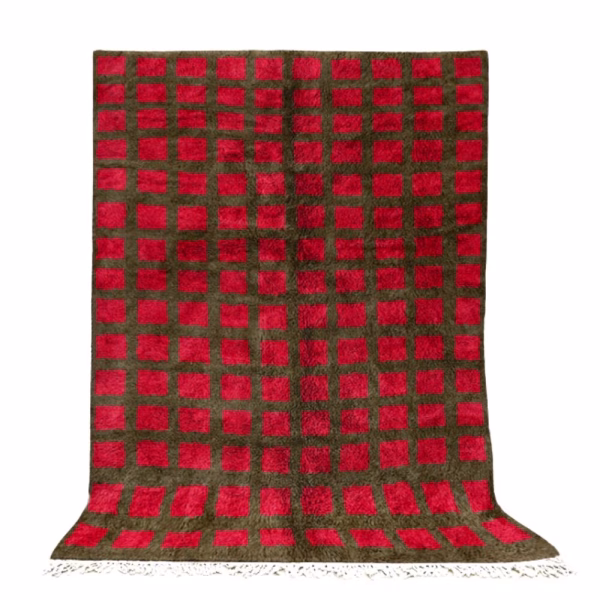 Handmade Moroccan trellis rug in rich red and brown with classic grid pattern