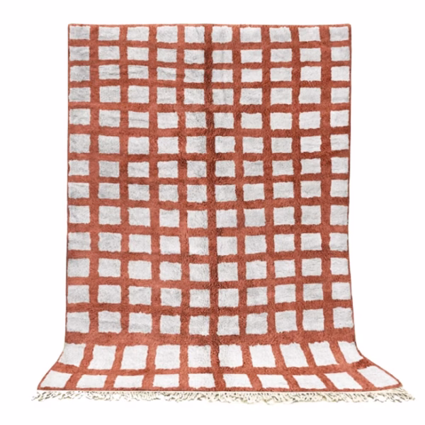 Handmade Moroccan trellis rug in warm terracotta and ivory color combination