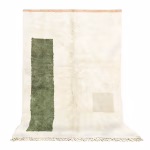 Handmade boheme rug with cream background and green accents, full view