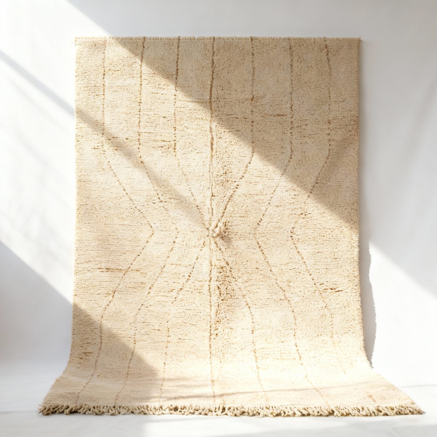 Handmade boho Moroccan rug with subtle hourglass pattern in creamy ivory white Handmade boho moroccan rug in natural ivory with geometric sunburst pattern and fringe, displayed vertically