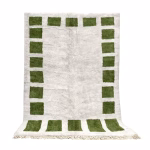 Handwoven Moroccan wool rug with cream center and emerald green square border pattern
