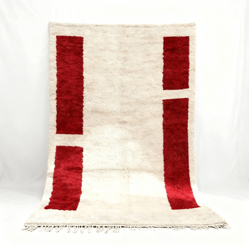Handwoven Moroccan wool rug with vertical red rectangles and natural fringe Handmade Moroccan rug with bold red geometric blocks on cream wool background with fringe details