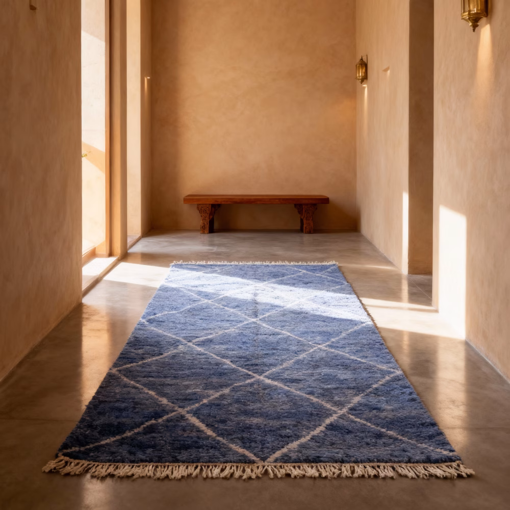 Handwoven blue farmhouse rug featuring traditional diamond motifs displayed in Moroccan-style interior hallway with warm lighting