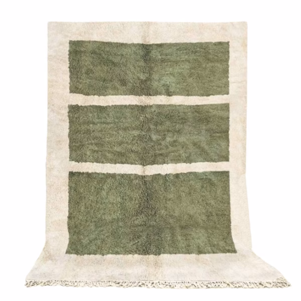 Handwoven green Moroccan area rug with geometric panel design and natural border (2)