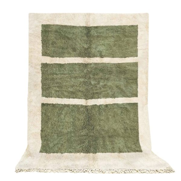 Handwoven green Moroccan area rug with geometric panel design and natural border (2)