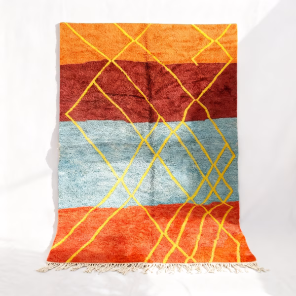 Handwoven multicolor Moroccan rug with geometric yellow diamond pattern on orange, burgundy and blue stripes