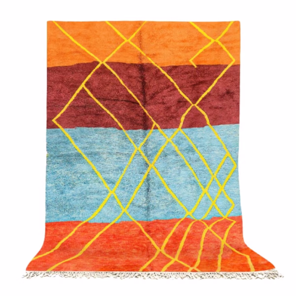 Handwoven multicolor Moroccan rug with geometric yellow diamond pattern on orange, burgundy and blue stripes