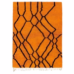 Handwoven orange Moroccan rug featuring traditional Berber diamond motifs