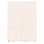 Minimalist boho Moroccan rug featuring textured geometric patterns on natural wool background