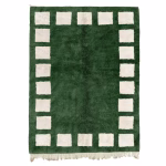 Reverse design Moroccan rug with deep green center and cream square pattern border