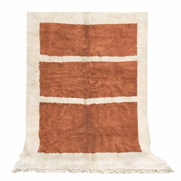 Terracotta Moroccan wool area rug featuring minimalist three-panel design (2)