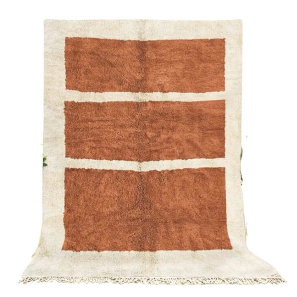 Terracotta Moroccan wool area rug featuring minimalist three-panel design (2)