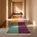 Colorful Moroccan rug with vibrant block pattern in orange, pink, green and purple displayed in modern minimalist hallway with natural lighting