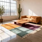Large colorful Moroccan rug featuring geometric squares in orange, teal, pink and purple with fringe edges in contemporary living room with leather sofa