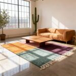 Color block Moroccan wool rug in sunlit living room with orange sofa and concrete floors